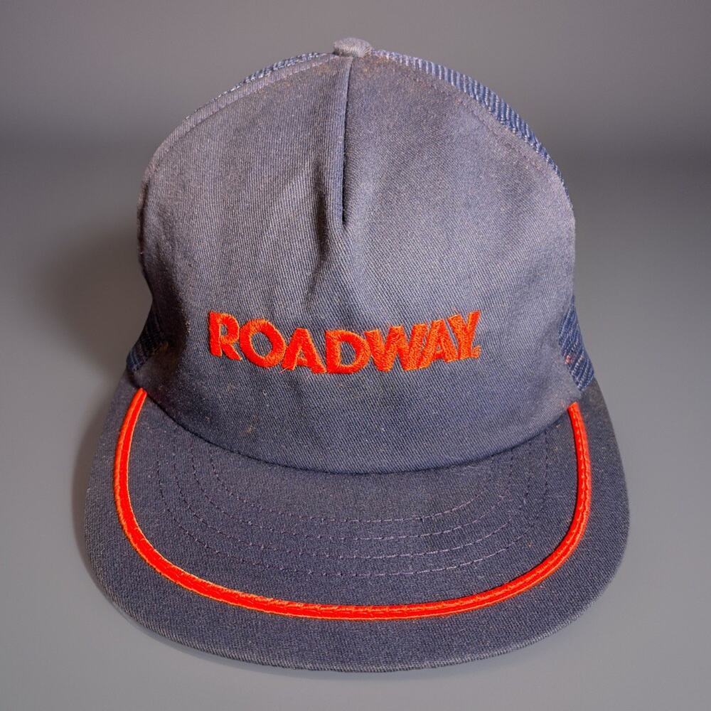 VTG Blue Orange Embroidery ROADWAY Trucker Hat Snapback Cap 1980s Vintage Mesh